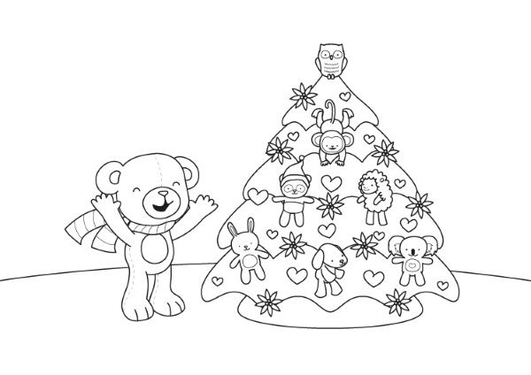 Un osito y su árbol de Navidad: dibujo para colorear e imprimir