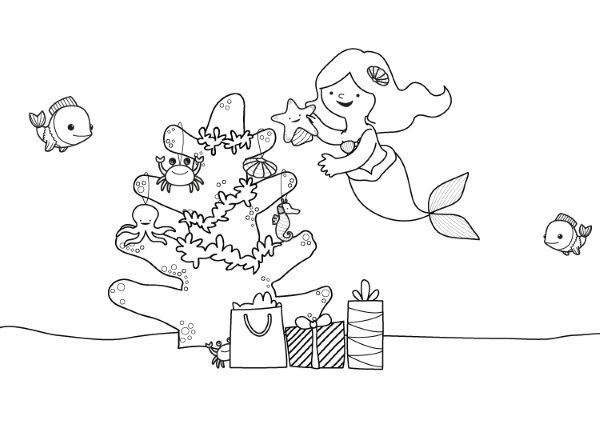 La Sirenita y su árbol de Navidad: dibujo para colorear e imprimir