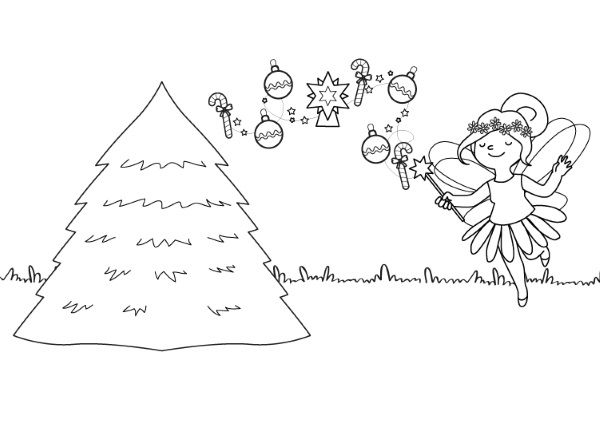 El hada y su árbol de Navidad: dibujo para colorear e imprimir