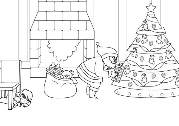 Papá Noel y el árbol de Navidad: dibujo para colorear e imprimir