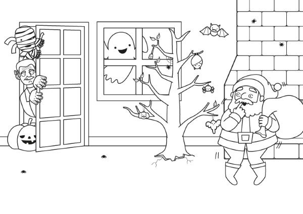 Papá Noel y los monstruos: dibujo para colorear e imprimir