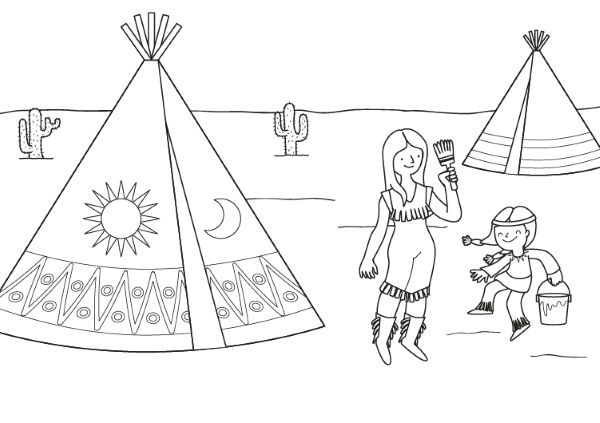 Indios pintando su tipi: dibujo para colorear e imprimir