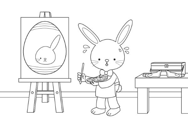 Conejo de Pascua pintor: dibujo para colorear e imprimir