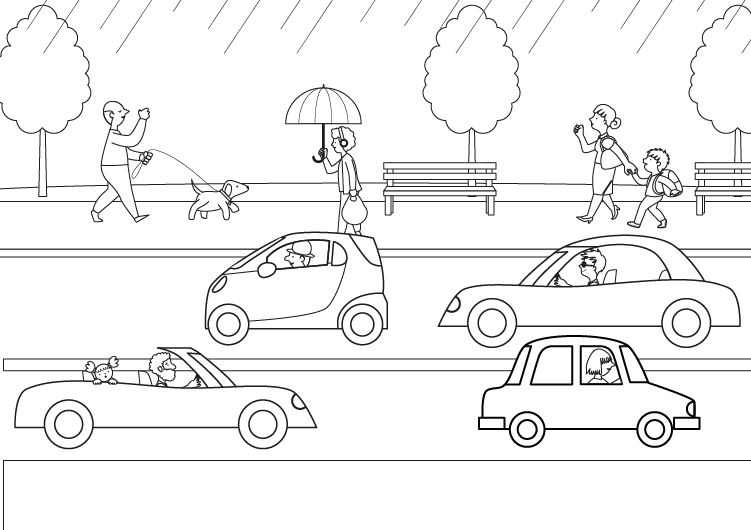 Lluvia sobre los coches: dibujo para colorear e impirmir