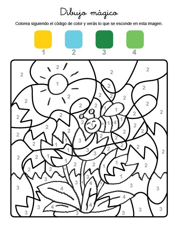 Dibujo mágico de una abeja y flores: dibujo para colorear e imprimir