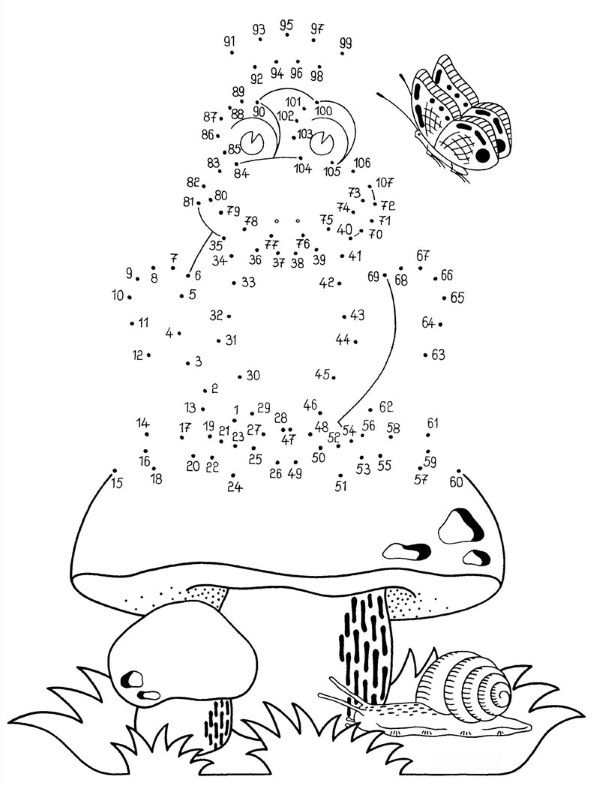 Dibujo de unir puntos de rana y champiñón: dibujo para colorear e imprimir