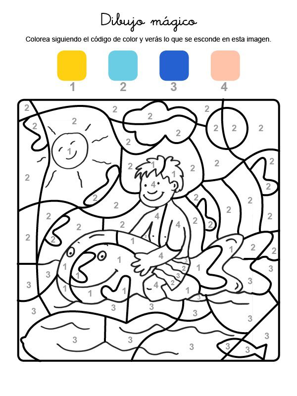 Dibujo mágico de niño en el mar: dibujo para colorear e imprimir