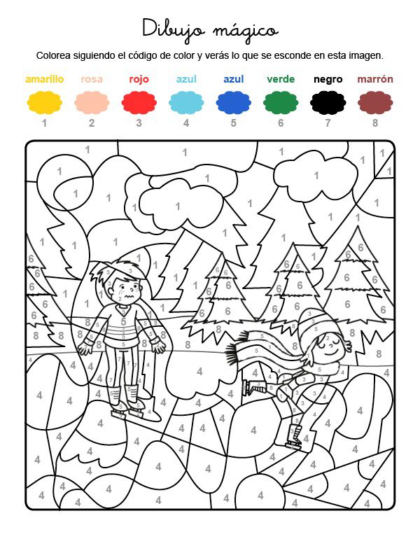 Dibujo mágico de niños patinando sobre hielo: dibujo para colorear e imprimir