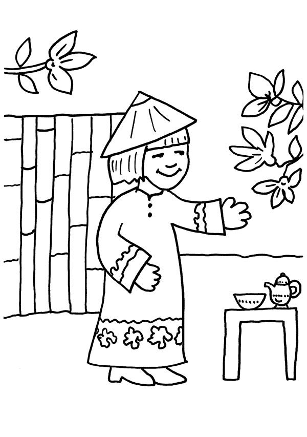 Niños de Asia: dibujo para colorear e imprimir