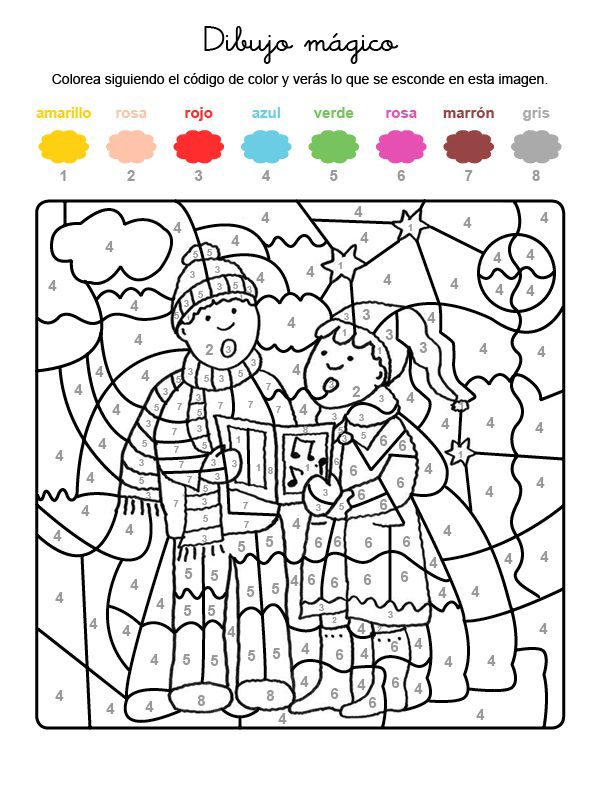 Dibujo mágico de niños cantando villancicos: dibujo para colorear e imprimir