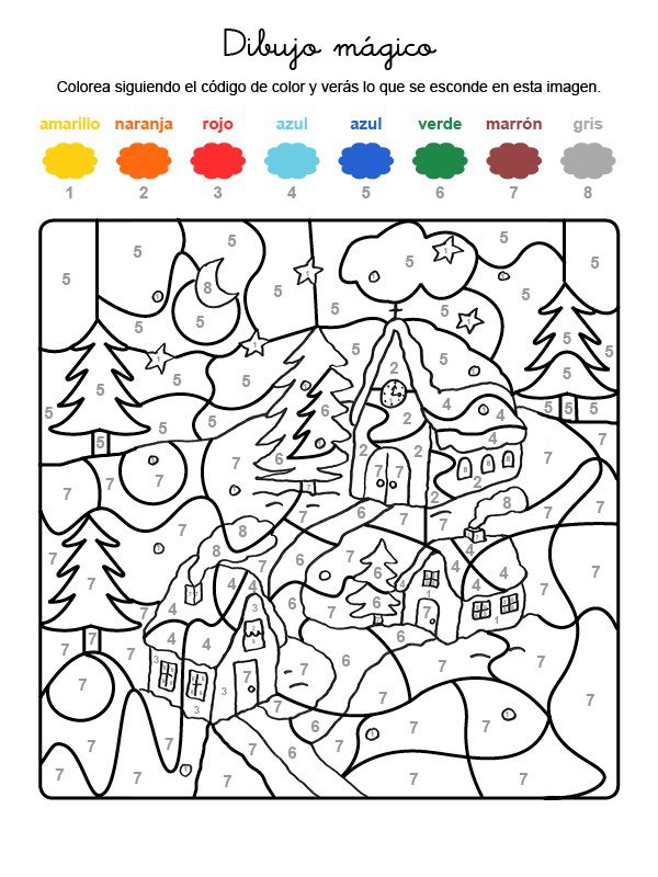 Dibujo mágico de casas bajo la nieve: dibujo para colorear e imprimir
