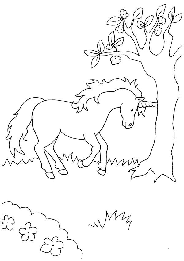 Unicornio bajo el árbol: dibujo para colorear e imprimir