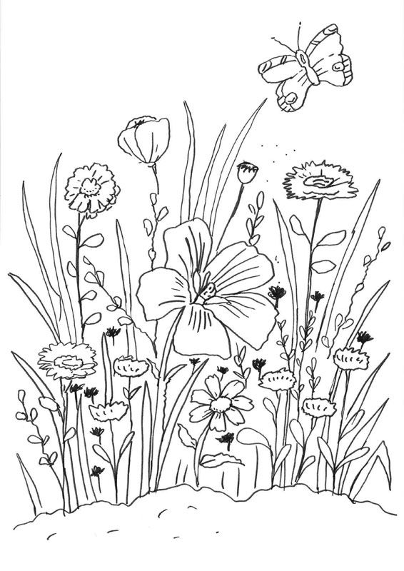 Flores y mariposa: dibujo para colorear e imprimir