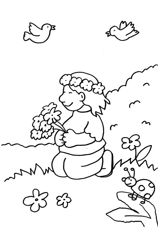 Niña con ramo y corona de flores: dibujo para colorear e imprimir