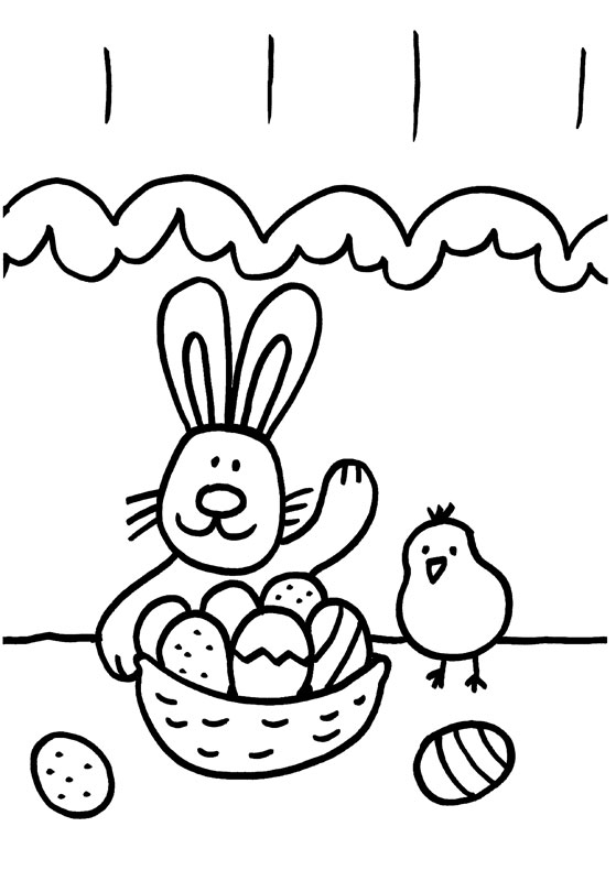 Dibujo para colorear de un conejo y un pollito en Pascua