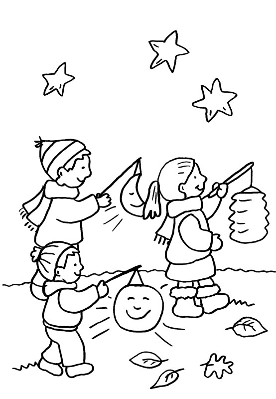 Dibujo para colorear de niños con linternas bajo las estrellas