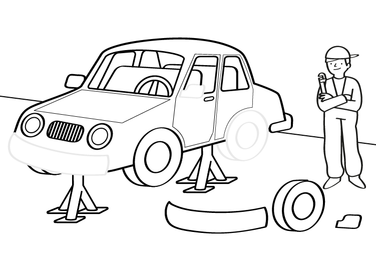 Dibujo para colorear de un mecánico reparando un coche