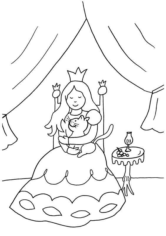 Dibujo para colorear de una princesa con su gato