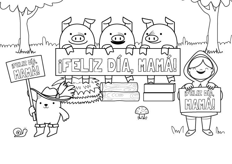 Dibujo para colorear para el dia de la madre de felicitación de personajes de cuentos