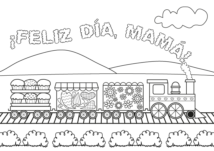 Dibujo para colorear del dia de la madre de felicitación con tren