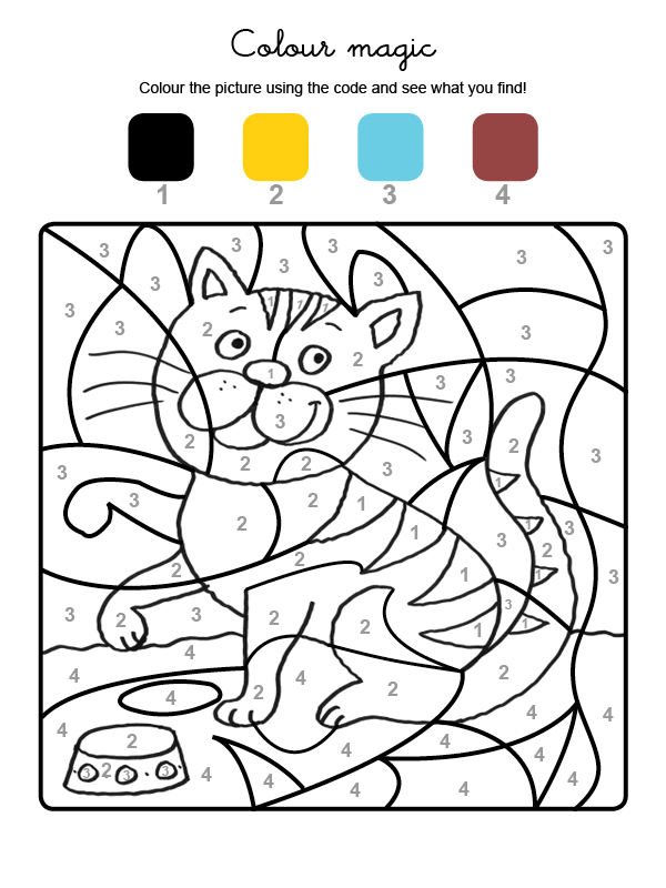 Dibujo mágico para colorear en inglés de un gato tigre