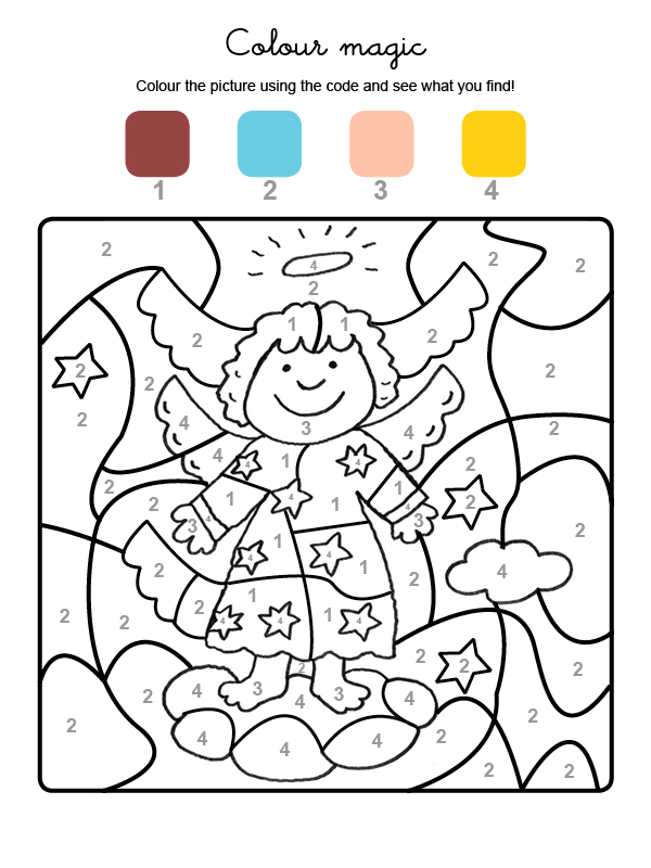 Dibujo mágicopara colorear en inglés de un ángel de Navidad