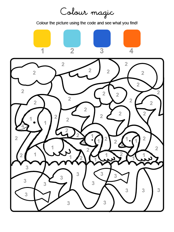 Dibujo mágico para colorear en inglés de una familia de patos