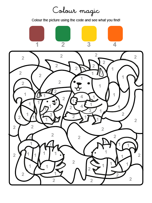 Dibujo mágico para colorear en inglés de una familia de ardillas