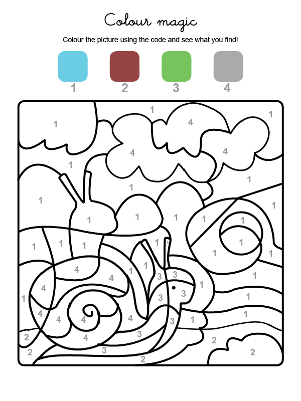 Dibujo mágico para colorear en inglés de un caracol