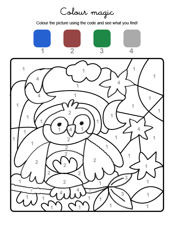 Dibujo mágico para colorear en inglés de un búho bajo la luna