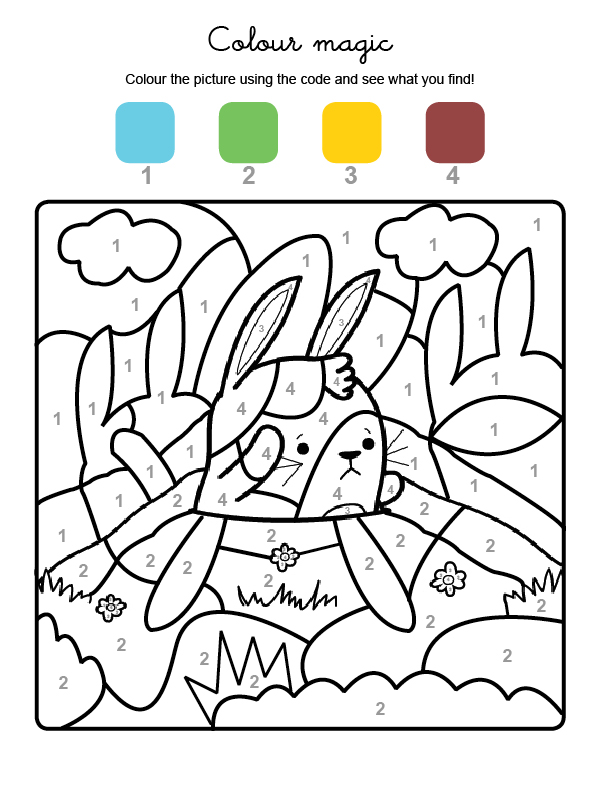 Dibujo mágico para colorear en inglés de un conejo en el campo