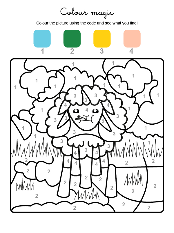 Dibujo mágico para colorear en inglés de una obeja