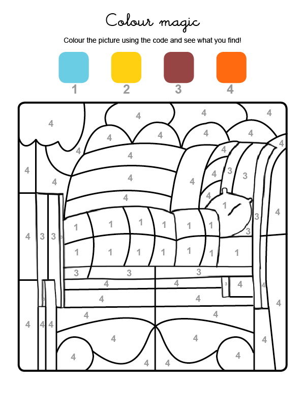 Dibujo mágico para colorear en inglés de una cama con colcha y almohada