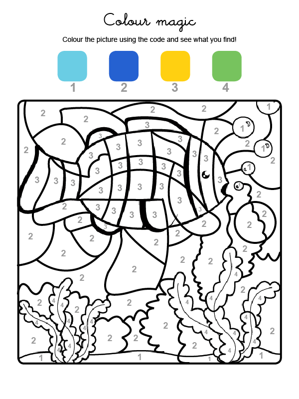 Dibujo mágico para colorear en inglés de un pez en el agua