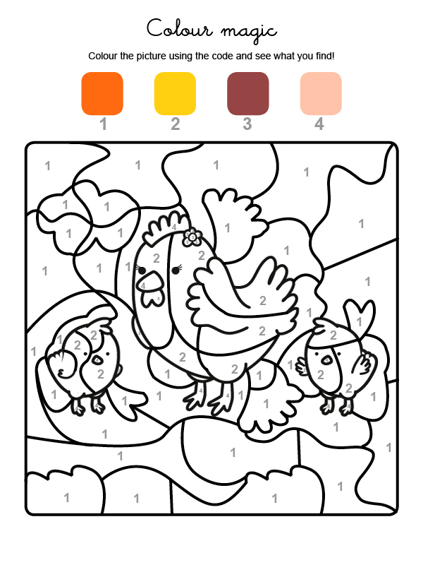 Dibujo mágico para colorear en inglés de una gallina con sus polluelos