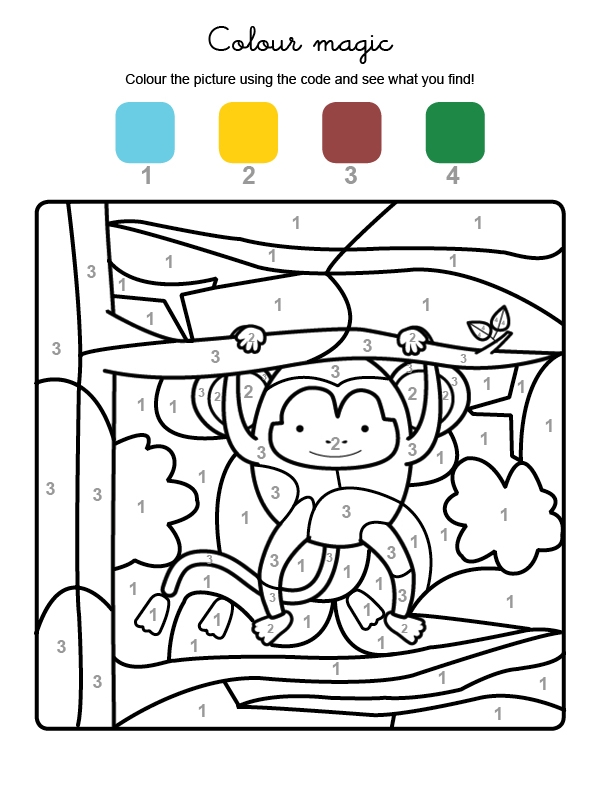 Dibujo mágico para colorear en inglés de un mono colgado de un árbol