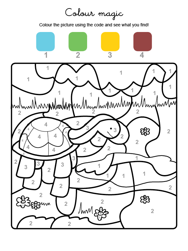 Dibujo mágico para colorear en inglés de una tortuga en el campo