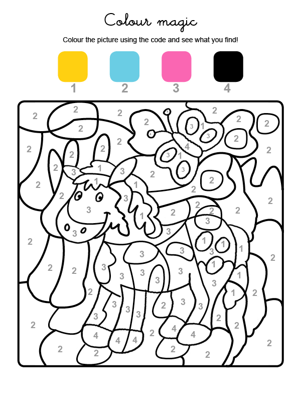 Dibujo mágico para colorear en inglés de un poni y una mariposa