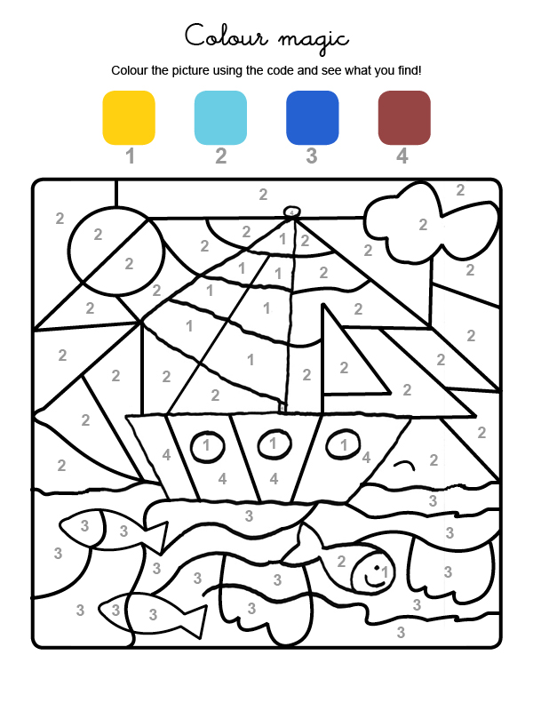 Dibujo mágico para colorear en inglés de un velero en el mar