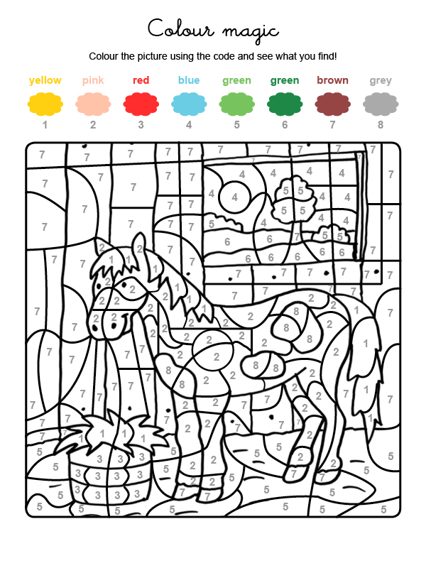 Dibujo mágico para colorear en inglés de un caballo