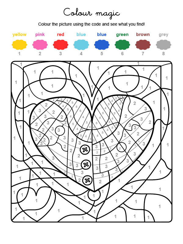 Dibujo mágico para colorear en inglés de una ballena en un corazón