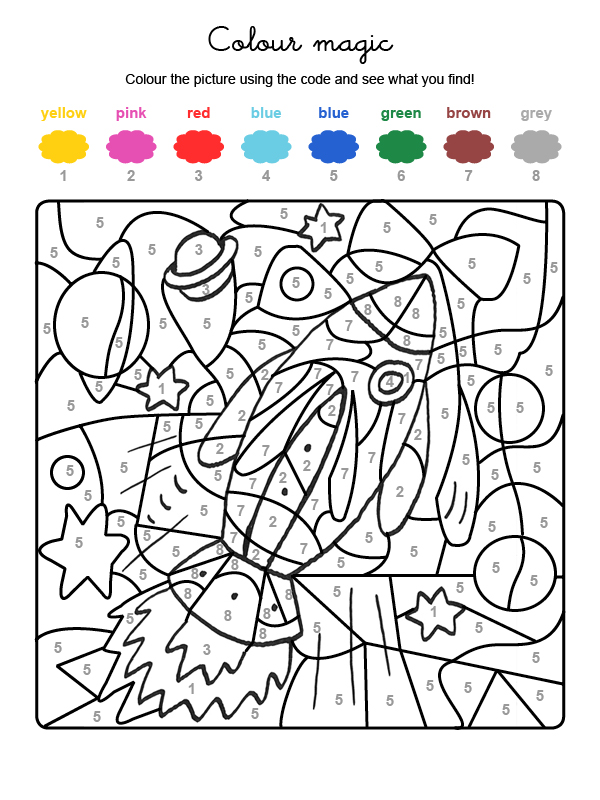 Dibujo mágico para colorear en inglés de un cohete espacial