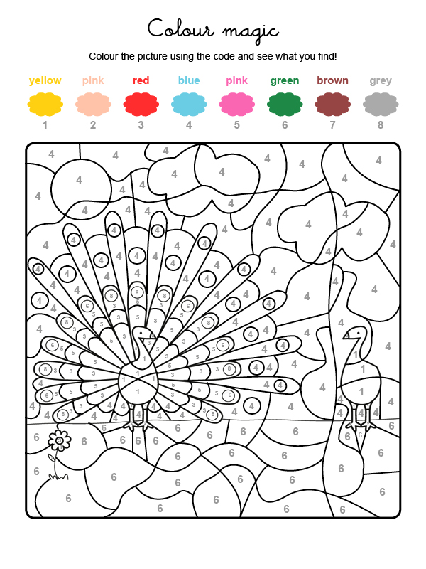 Dibujo mágico para colorear en inglés de un pavo real