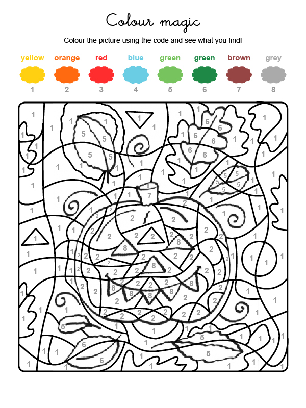 Dibujo mágico para colorear en inglés de una calabaza de Halloween