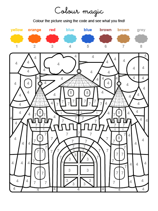 Dibujo mágico para colorear en inglés de un castillo medieval