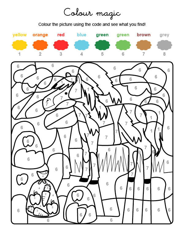 Dibujo mágico para colorear en inglés de un caballo en el campo