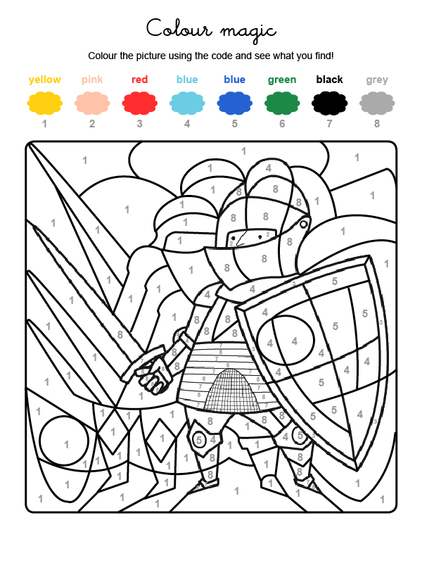 Dibujo mágico para colorear en inglés de un caballero medieval