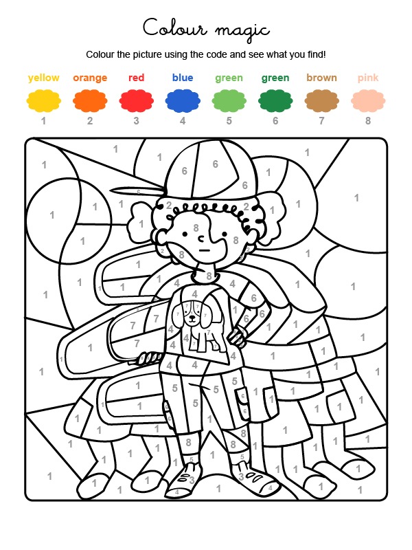 Dibujo mágico para colorear en inglés de un niño y su amigo el perro