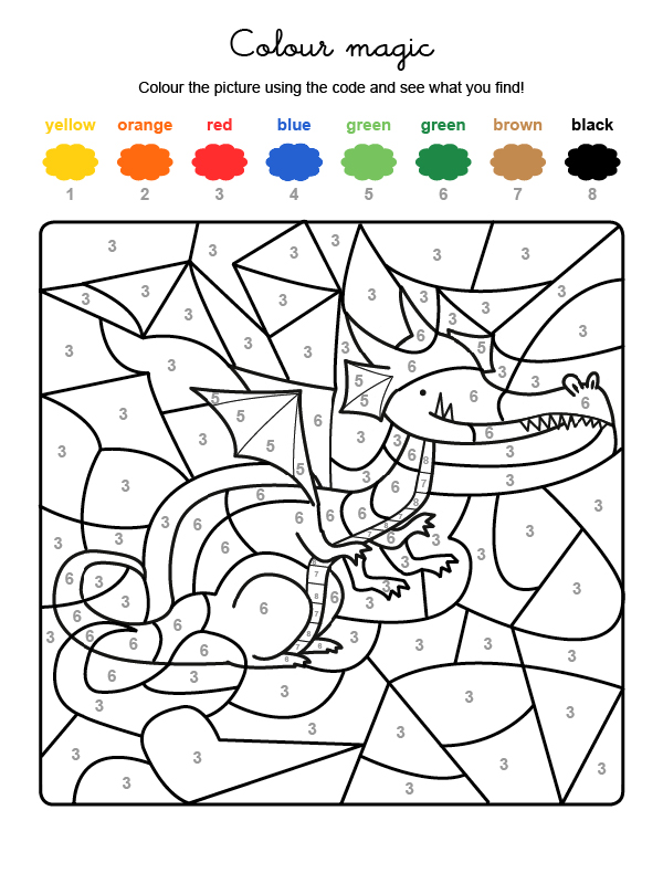 Dibujo mágico para colorear en inglés de un dragón