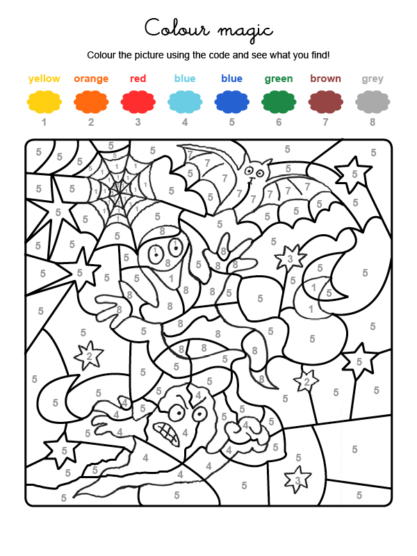 Dibujo mágico para colorear en inglés de fantasma y murciélago de Halloween